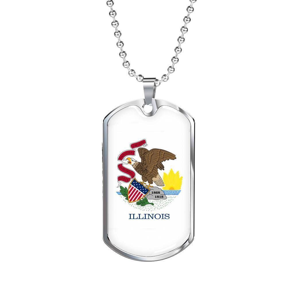Illinois State Flag Necklace Stainless Steel or 18k Gold Dog Tag 24" Chain - Express Your Love Gifts