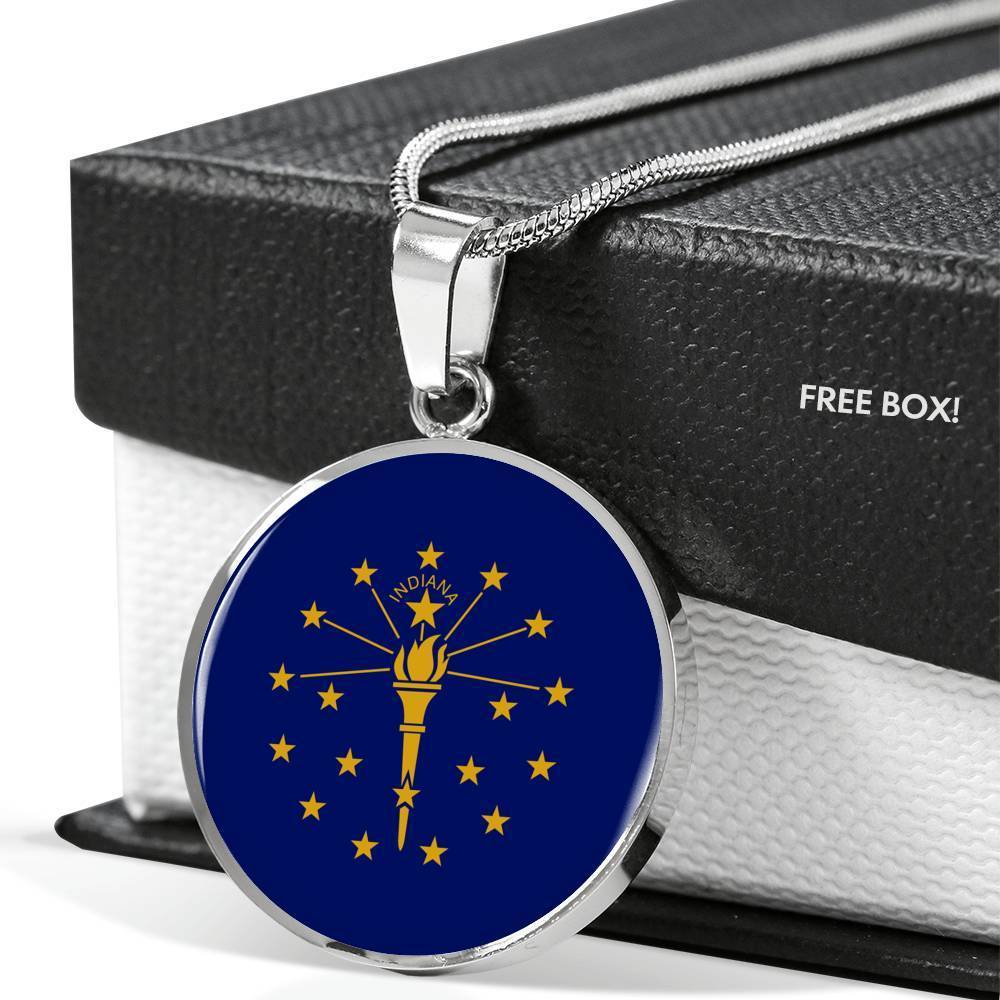 Indiana State Flag Necklace Stainless Steel or 18k Gold Circle Pendant 18-22" - Express Your Love Gifts
