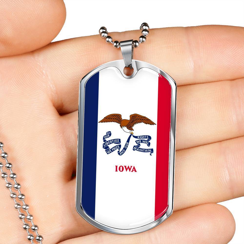 Iowa State Flag Necklace Stainless Steel or 18k Gold Dog Tag 24" Chain - Express Your Love Gifts