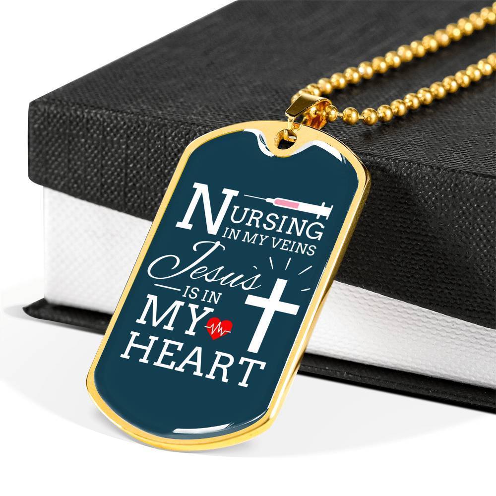 Jesus Is In My Heart Nursing Necklace Stainless Steel or 18k Gold Dog Tag w 24"-Express Your Love Gifts