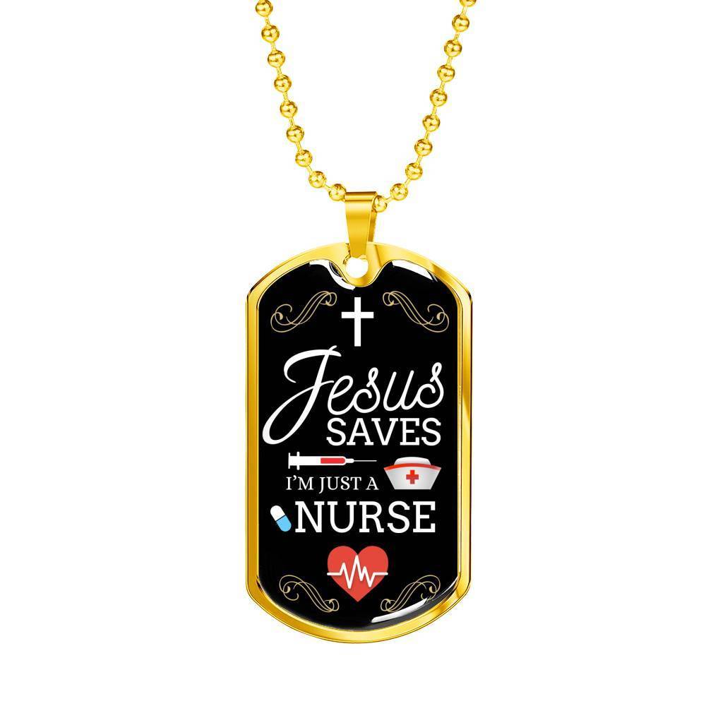 Jesus Saves Nurse Necklace Stainless Steel or 18k Gold Dog Tag W 24"-Express Your Love Gifts