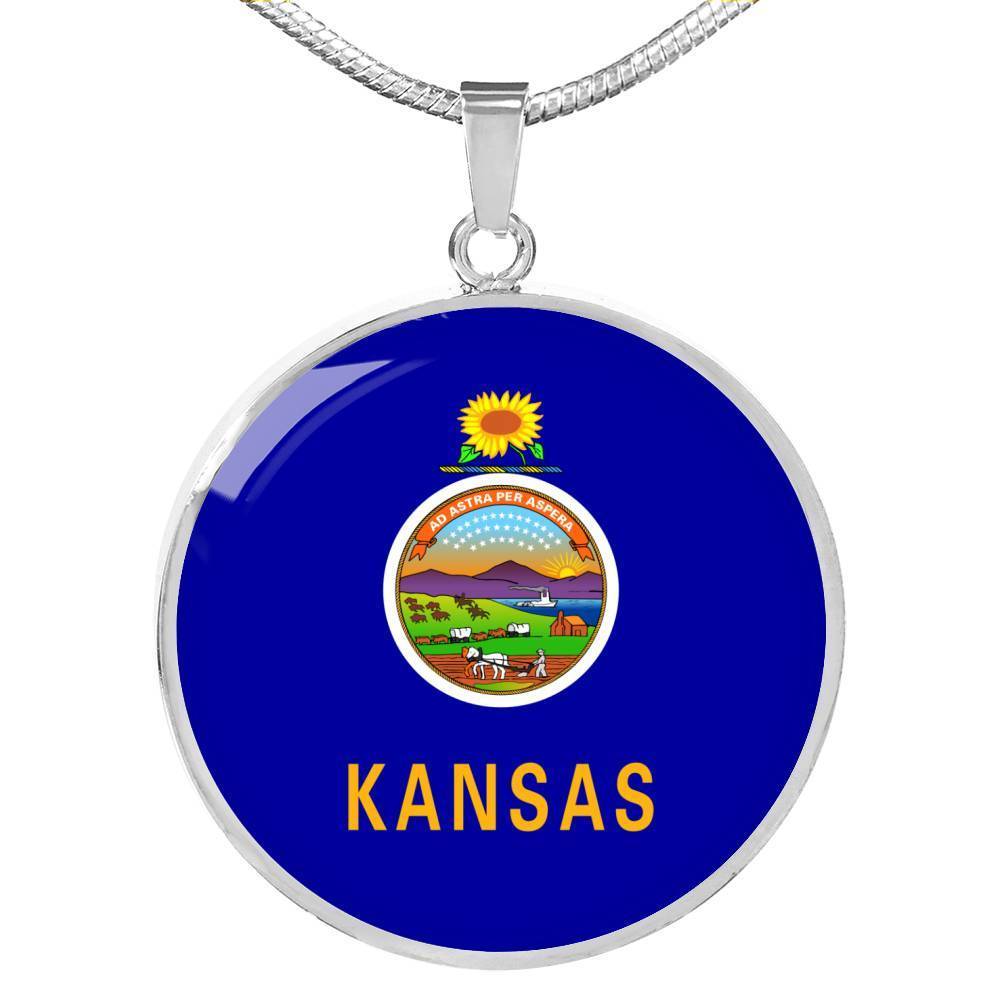 Kansas State Flag Necklace Stainless Steel or 18k Gold Circle Pendant 18-22" - Express Your Love Gifts