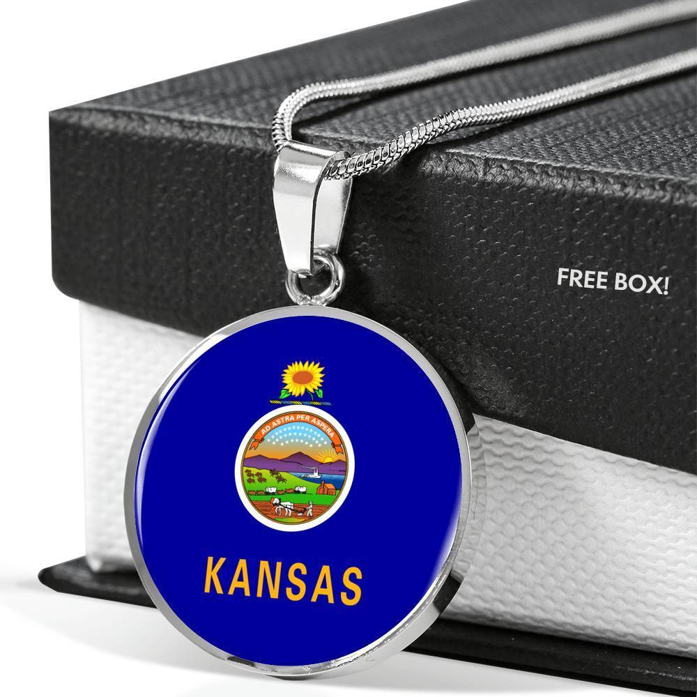 Kansas State Flag Necklace Stainless Steel or 18k Gold Circle Pendant 18-22" - Express Your Love Gifts