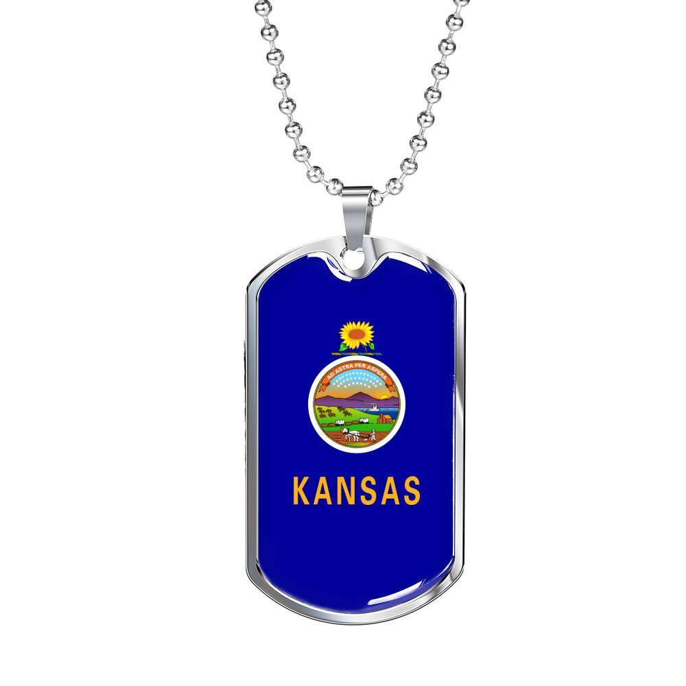 Kansas State Flag Necklace Stainless Steel or 18k Gold Dog Tag 24" Chain - Express Your Love Gifts