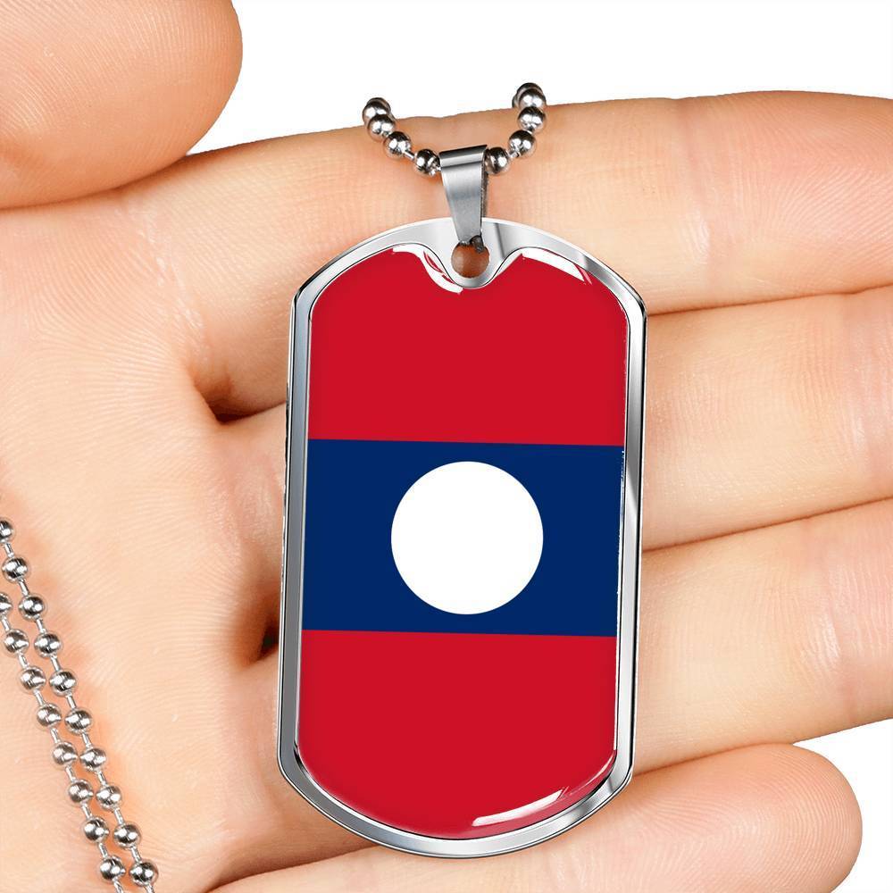 Laos Flag Necklace Laos Flag Stainless Steel or 18k Gold Dog Tag 24" - Express Your Love Gifts