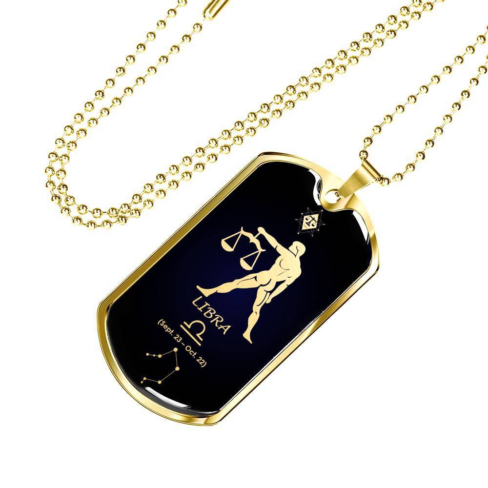 Libra Constellation Horoscope Zodiac Necklace 18k Gold Dog Tag 24" Chain-Express Your Love Gifts