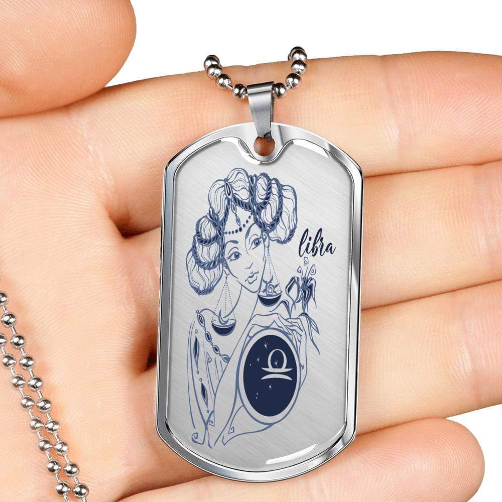 Libra Constellation Horoscope Zodiac Necklace Dog Tag Stainless Steel or 18k Gold 24" Chain - Express Your Love Gifts