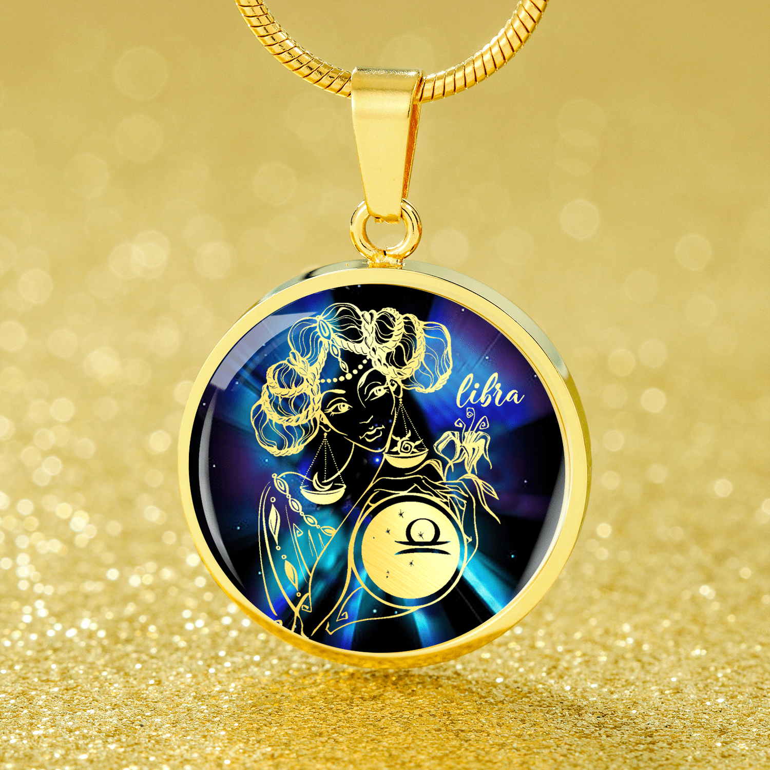 Libra Purple Galaxy Zodiac Necklace Stainless Steel or 18k Gold Circle Pendant - Express Your Love Gifts