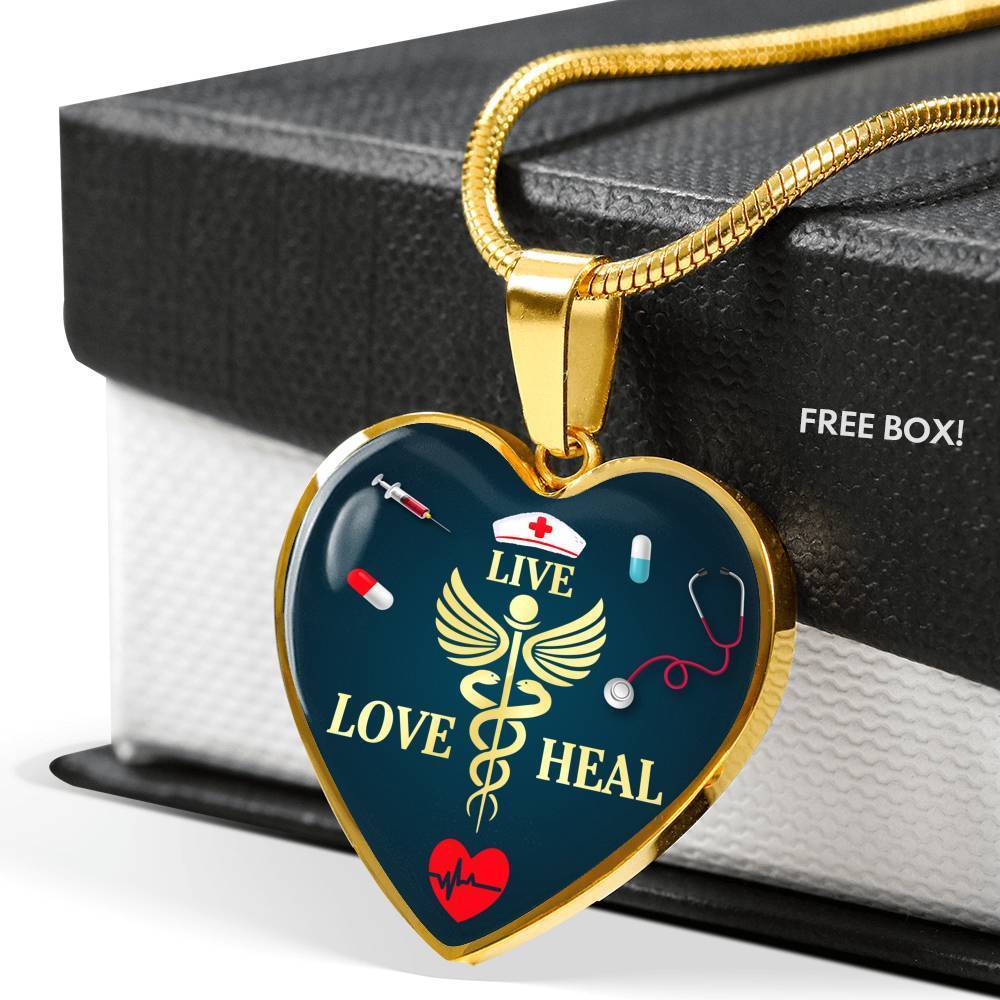 Live Love Heal Nurse Necklace Stainless Steel or 18k Gold Heart Pendant 18-22" - Express Your Love Gifts