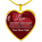Love Is Patient And It Never Fails Stainless Steel or 18k Gold Heart Pendant Necklace 18-22" - Express Your Love Gifts