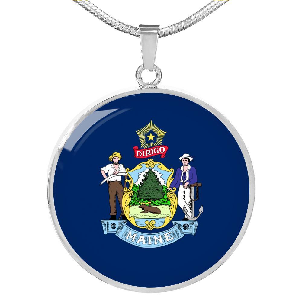 Maine State Flag Necklace Stainless Steel or 18k Gold Circle Pendant 18-22" - Express Your Love Gifts
