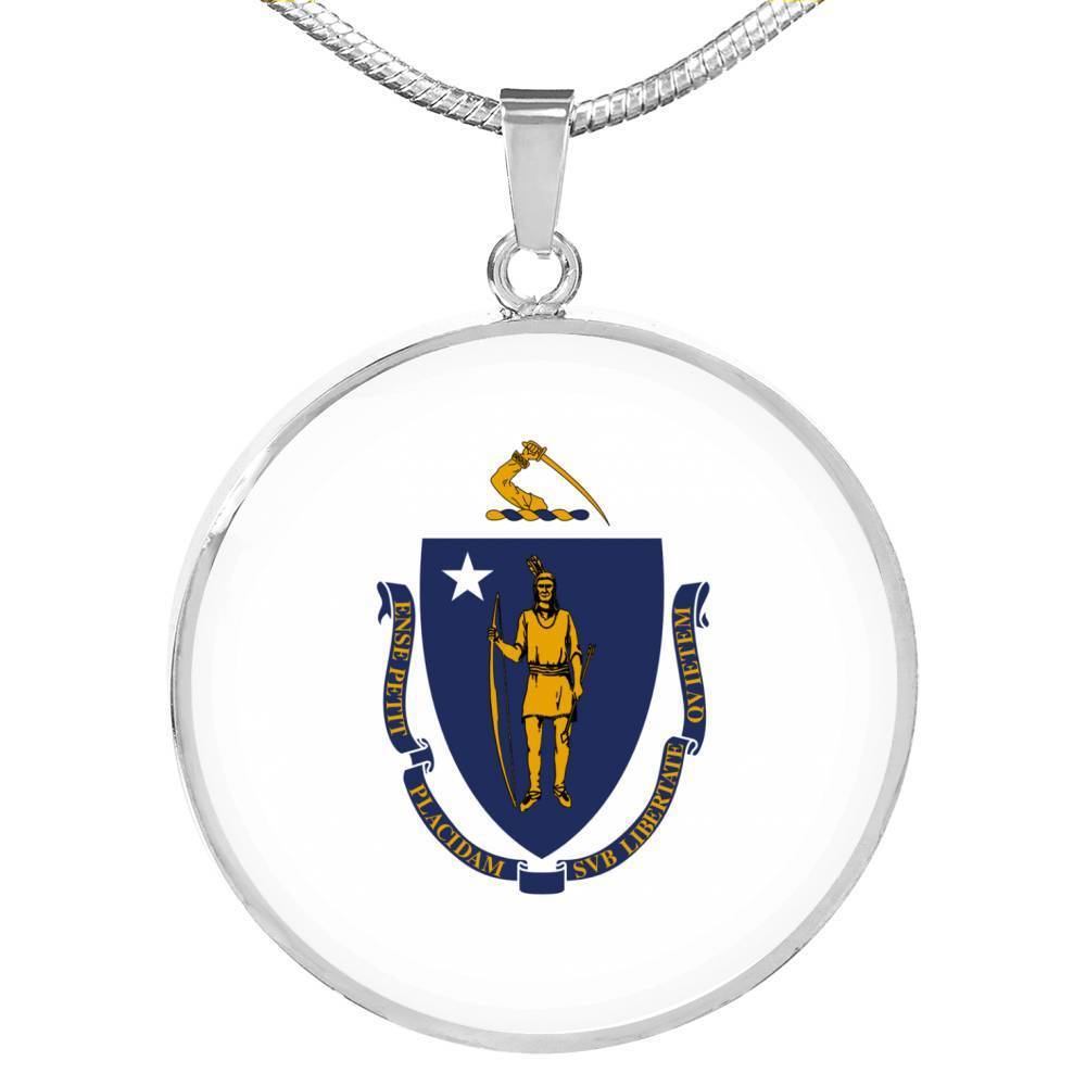Massachusetts	State Flag Necklace Stainless Steel or 18k Gold Circle Pendant 18-22" - Express Your Love Gifts