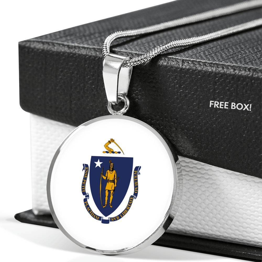 Massachusetts	State Flag Necklace Stainless Steel or 18k Gold Circle Pendant 18-22" - Express Your Love Gifts