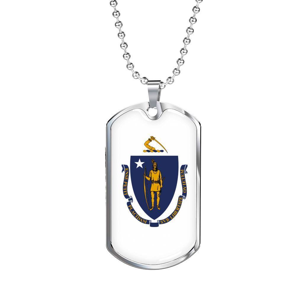 Massachusetts State Flag Necklace Stainless Steel or 18k Gold Dog Tag 24" Chain - Express Your Love Gifts