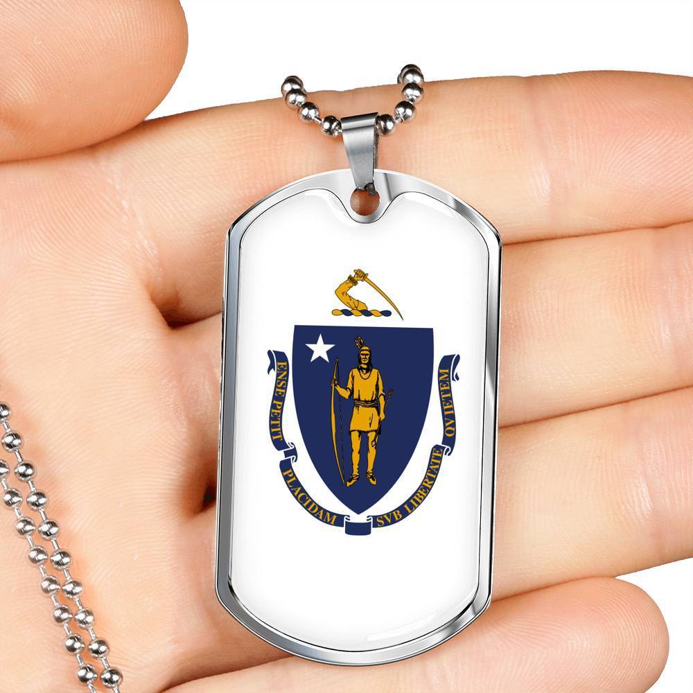 Massachusetts State Flag Necklace Stainless Steel or 18k Gold Dog Tag 24" Chain - Express Your Love Gifts