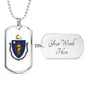 Massachusetts State Flag Necklace Stainless Steel or 18k Gold Dog Tag 24" Chain - Express Your Love Gifts
