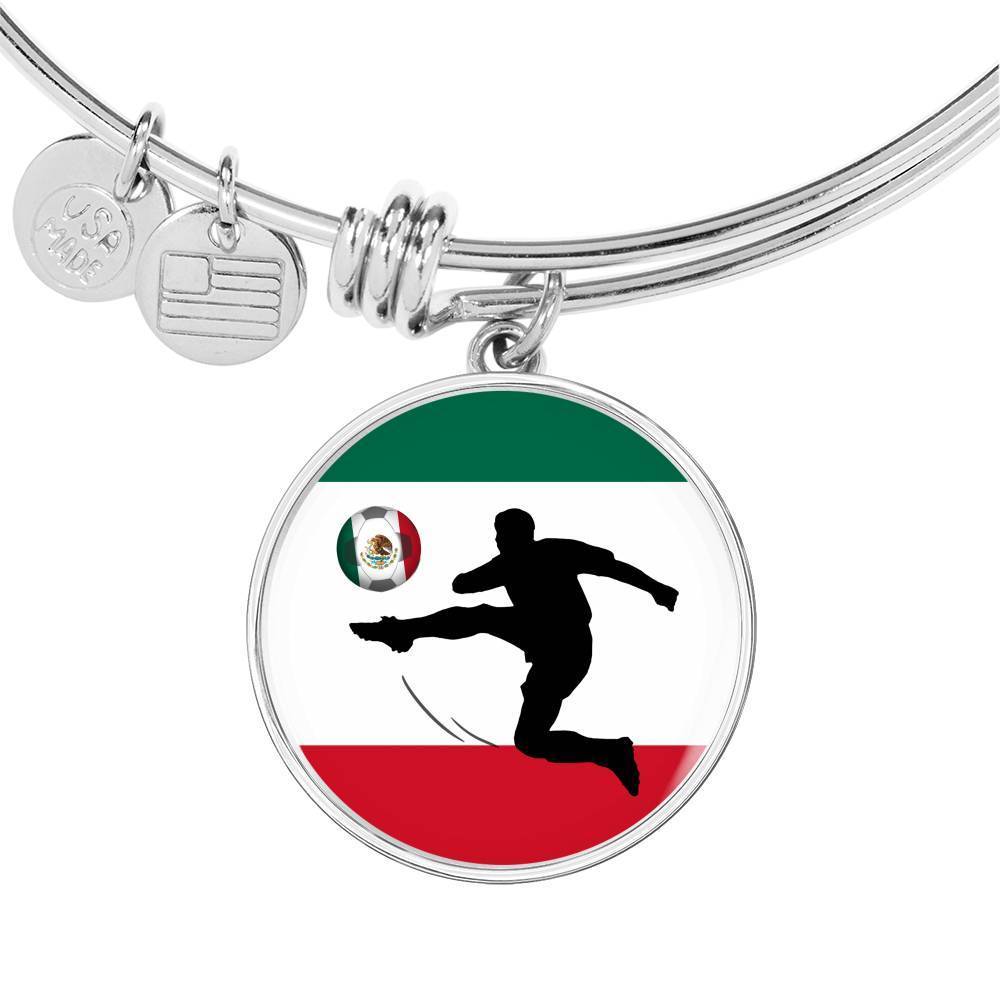 Mexico Flag And Futbol/Soccer Stainless Steel or 18k Gold Circle Bangle Bracelet - Express Your Love Gifts