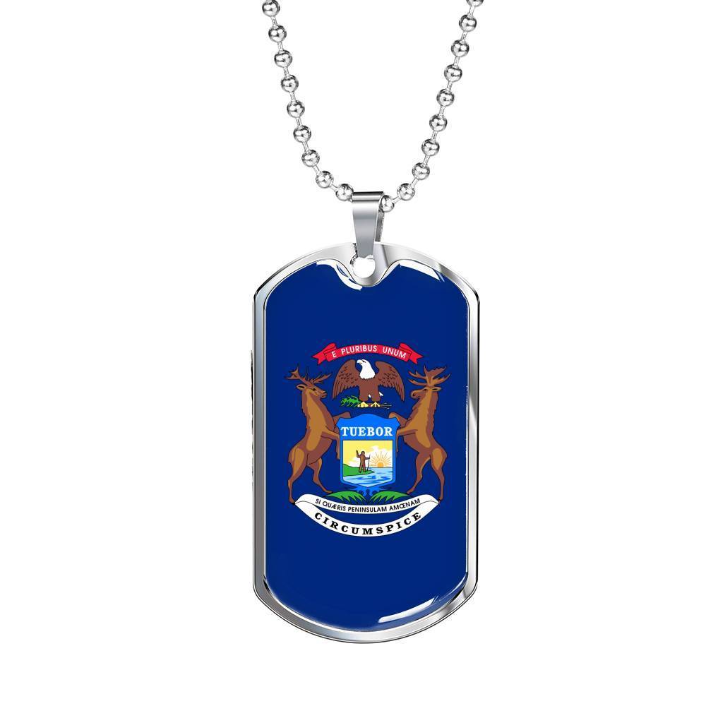 Michigan Flag Pendant Stainless Steel or 18k Gold Dog Tag Necklace 24" Chain - Express Your Love Gifts