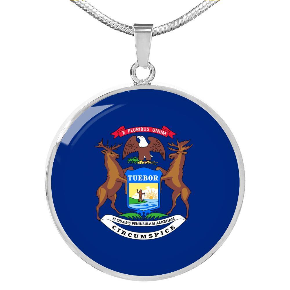 Michigan State Flag Necklace Stainless Steel or 18k Gold Circle Pendant 18-22" - Express Your Love Gifts