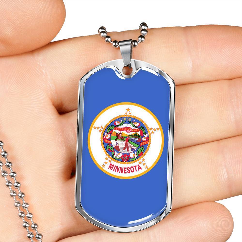Minnesota State Flag Necklace Stainless Steel or 18k Gold Dog Tag 24" Chain - Express Your Love Gifts