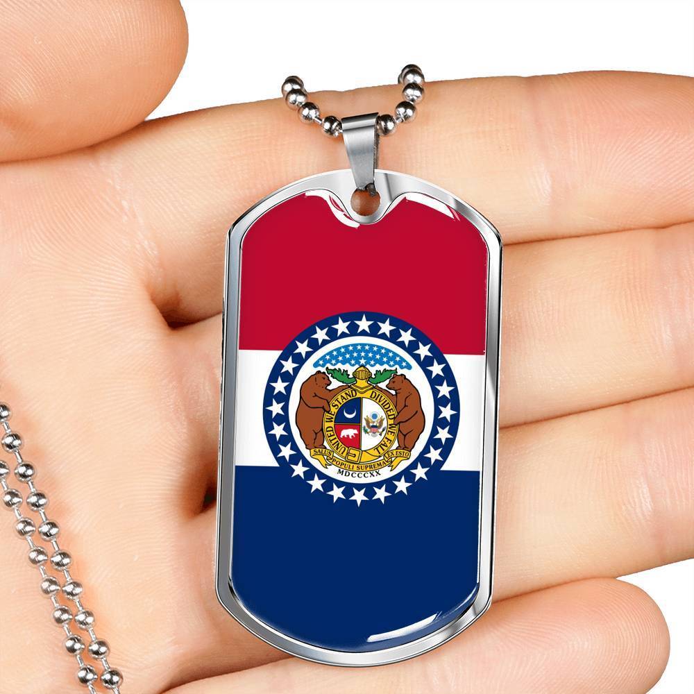 Missouri State Flag Necklace Stainless Steel or 18k Gold Dog Tag 24" Chain - Express Your Love Gifts