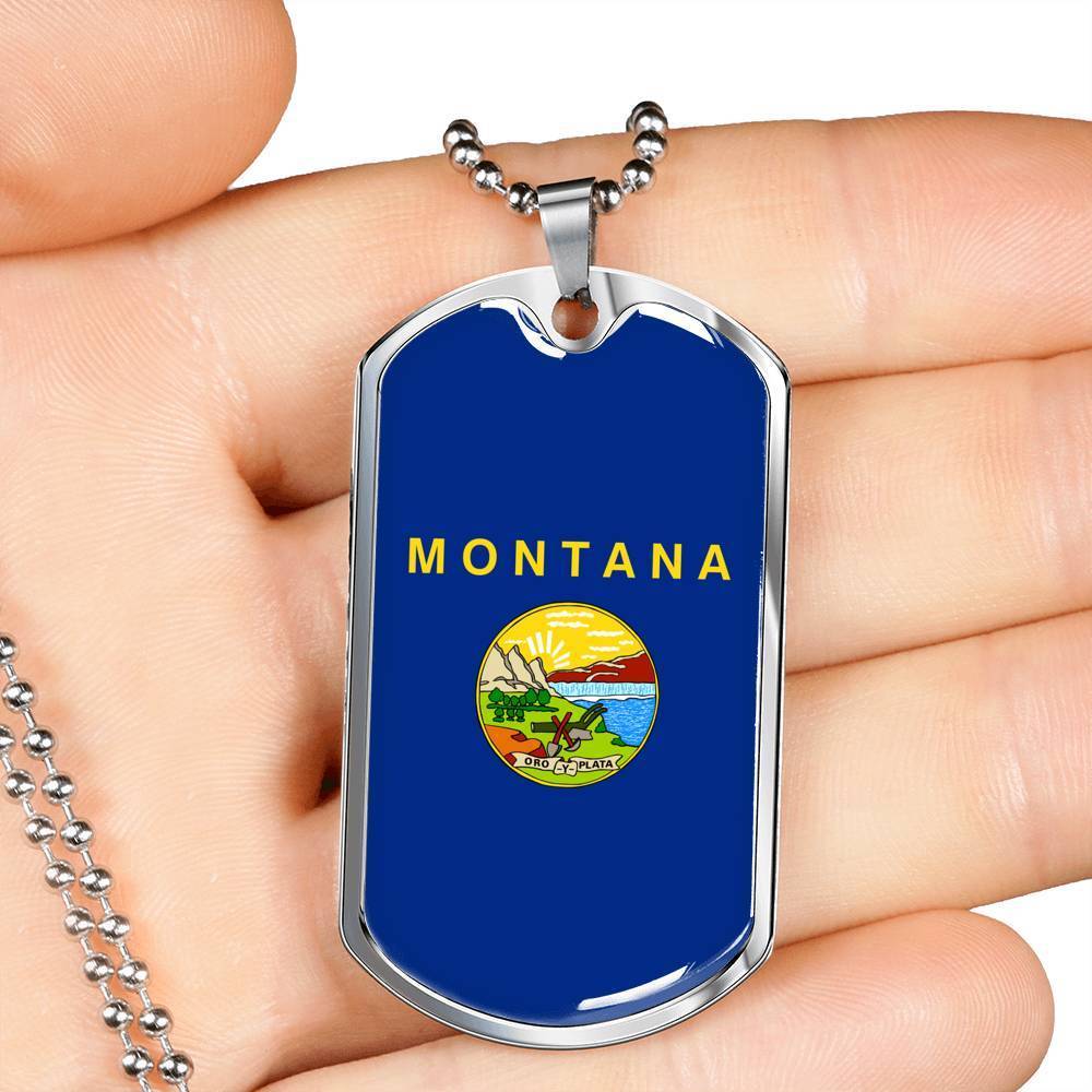 Montana State Flag Necklace Stainless Steel or 18k Gold Dog Tag 24" Chain - Express Your Love Gifts