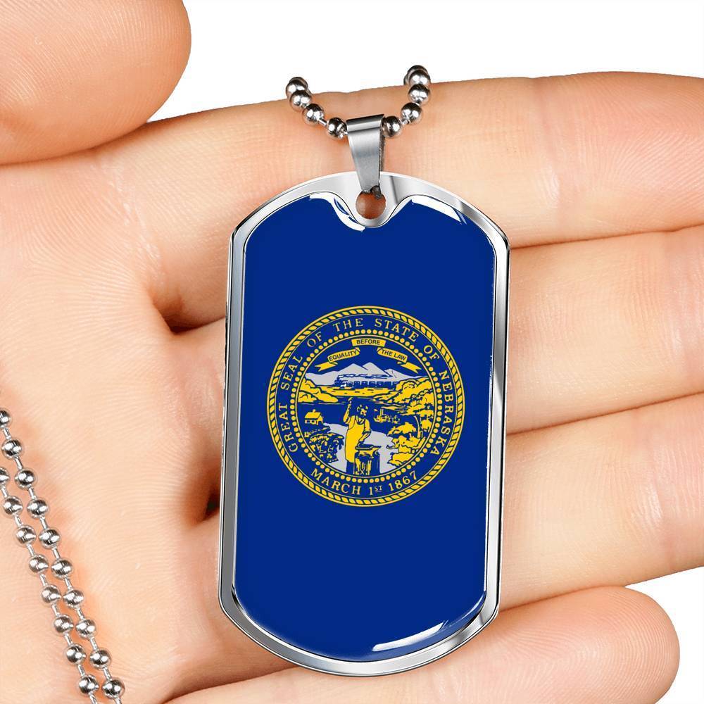 Nebraska State Flag Necklace Stainless Steel or 18k Gold Dog Tag 24" Chain - Express Your Love Gifts