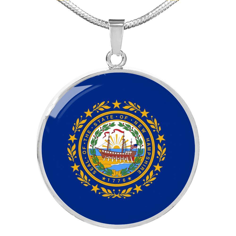 New Hampshire State Flag Stainless Steel or 18k Gold Circle Pendant 18-22" - Express Your Love Gifts