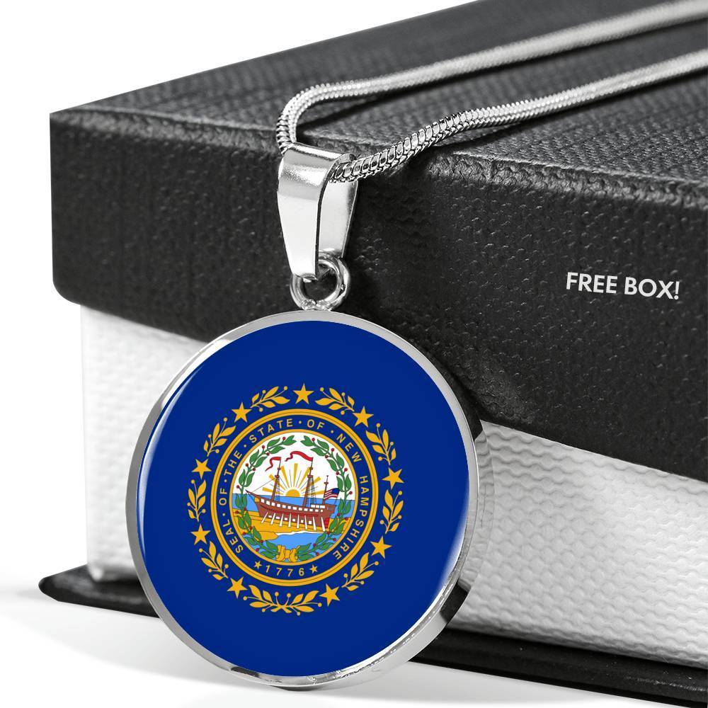 New Hampshire State Flag Stainless Steel or 18k Gold Circle Pendant 18-22" - Express Your Love Gifts