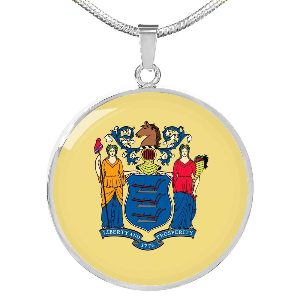 New Jersey State Flag Necklace Stainless Steel or 18k Gold Circle Pendant 18-22" - Express Your Love Gifts