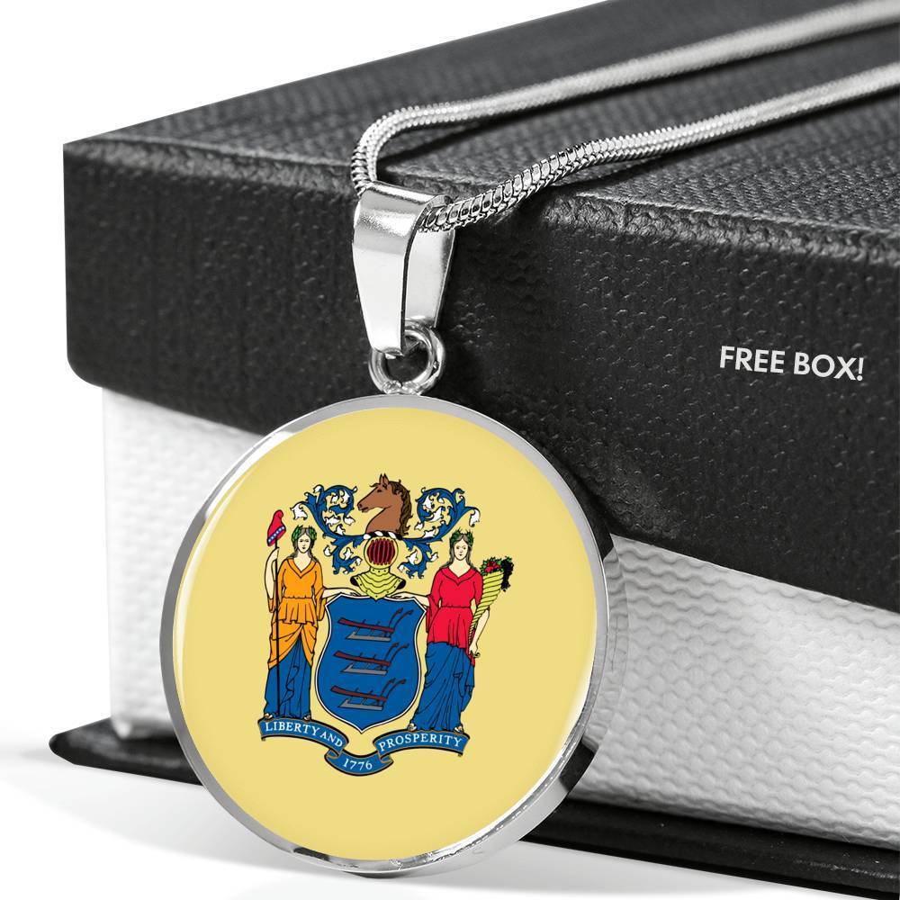 New Jersey State Flag Necklace Stainless Steel or 18k Gold Circle Pendant 18-22" - Express Your Love Gifts