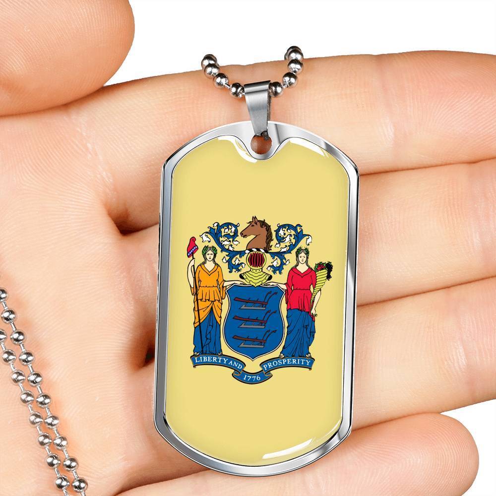 New Jersey State Flag Necklace Stainless Steel or 18k Gold Dog Tag 24" Chain - Express Your Love Gifts