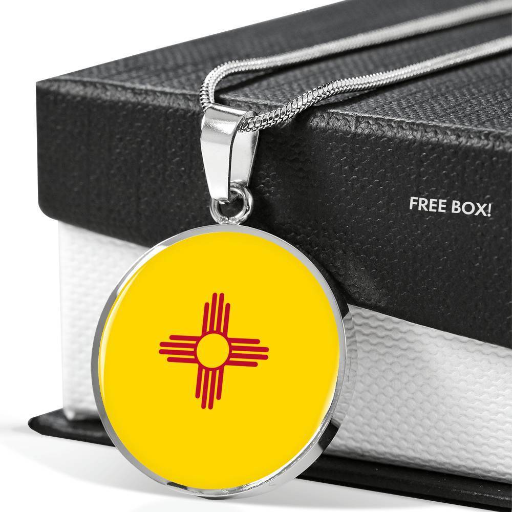 New Mexico State Flag Necklace Stainless Steel or 18k Gold Circle Pendant 18-22" - Express Your Love Gifts