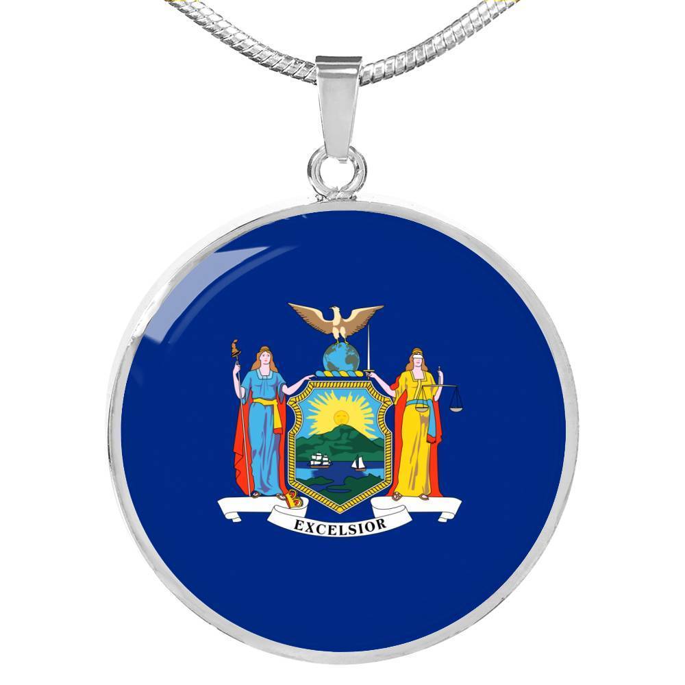 New York State Flag Necklace Stainless Steel or 18k Gold Circle Pendant 18-22" - Express Your Love Gifts