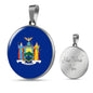 New York State Flag Necklace Stainless Steel or 18k Gold Circle Pendant 18-22" - Express Your Love Gifts