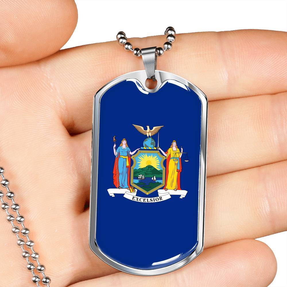 New York State Flag Necklace Stainless Steel or 18k Gold Dog Tag 24" Chain - Express Your Love Gifts