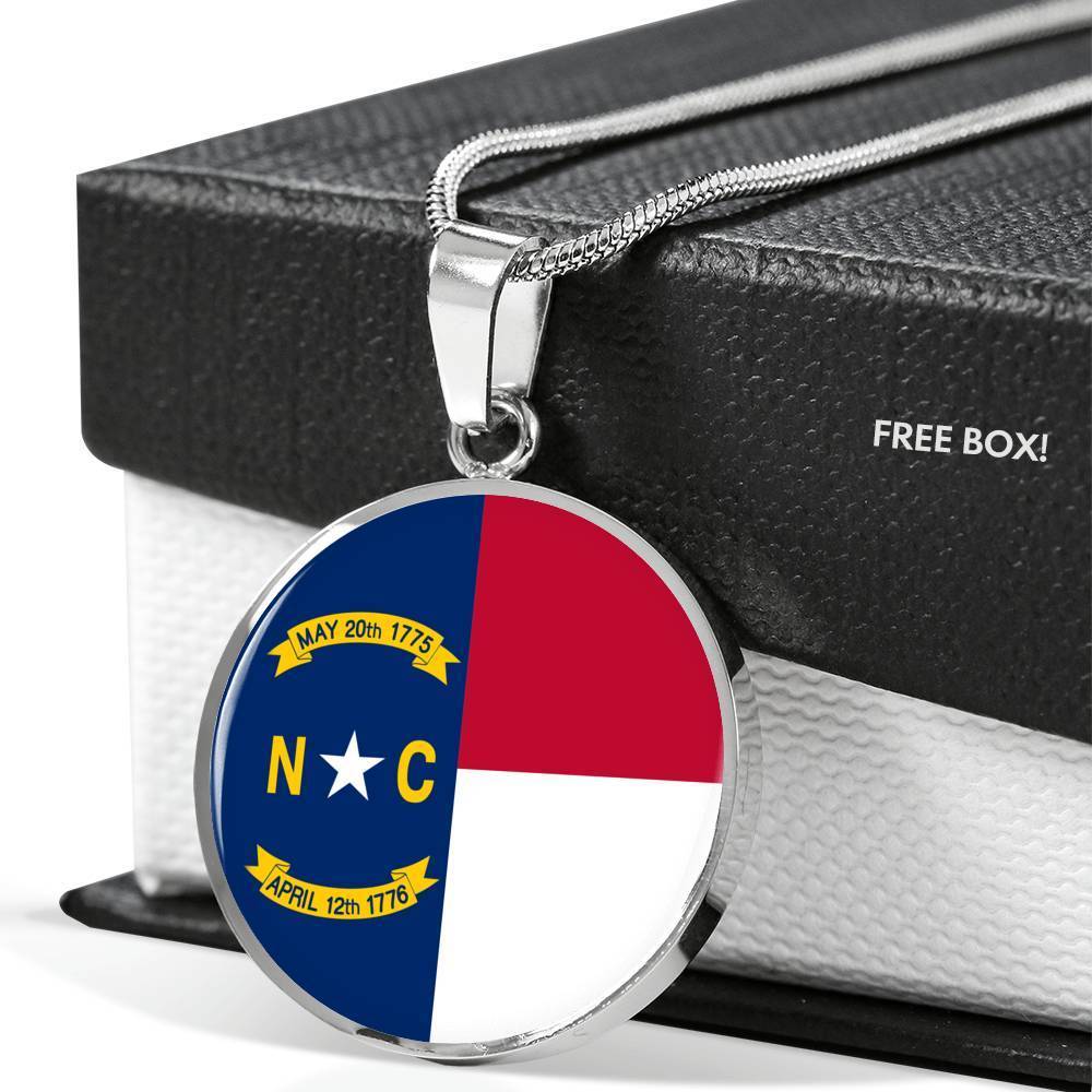 North Carolina State Flag Necklace Stainless Steel or 18k Gold Circle Pendant 18-22" - Express Your Love Gifts