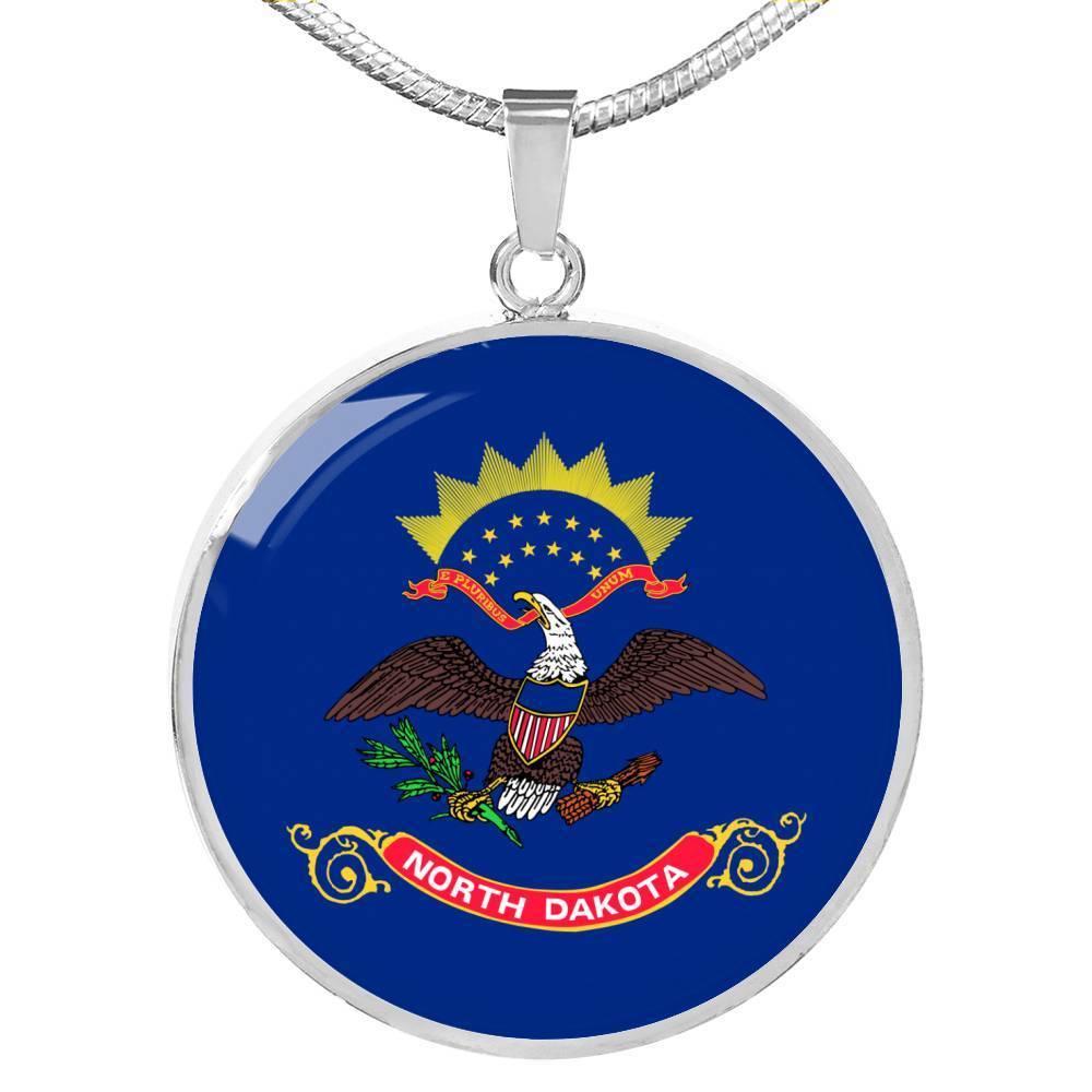 North Dakota State Flag Necklace Stainless Steel or 18k Gold Circle Pendant 18-22" - Express Your Love Gifts