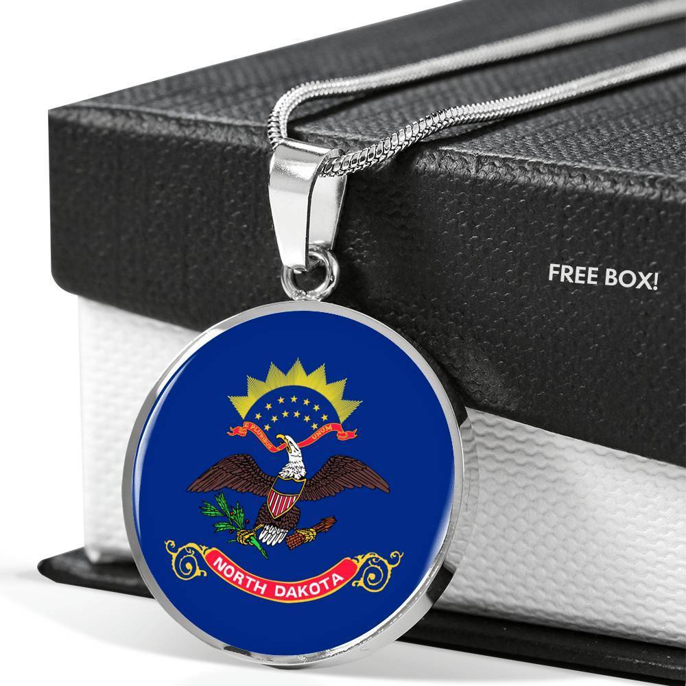 North Dakota State Flag Necklace Stainless Steel or 18k Gold Circle Pendant 18-22" - Express Your Love Gifts