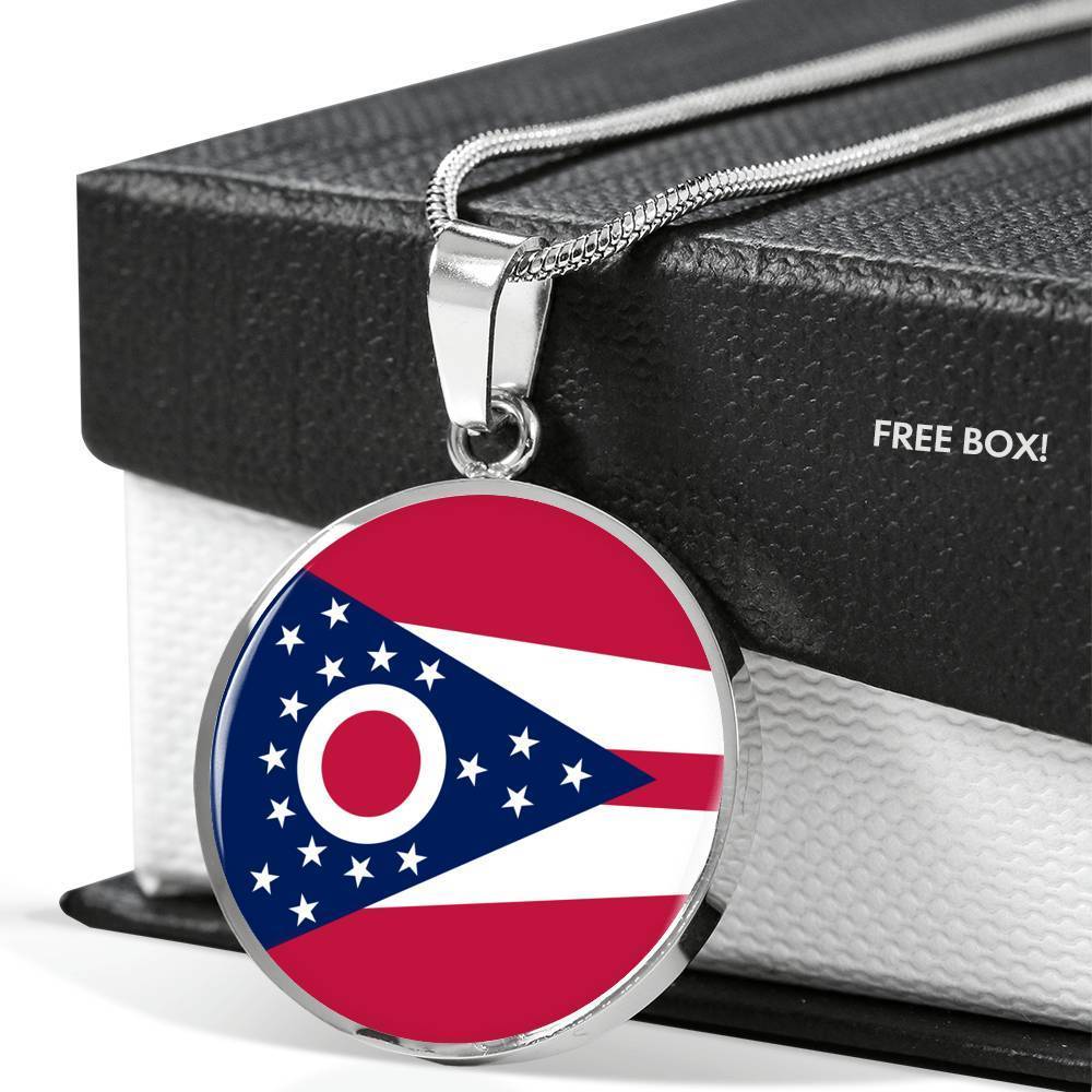 Ohio State Flag Necklace Stainless Steel or 18k Gold Circle Pendant 18-22" - Express Your Love Gifts