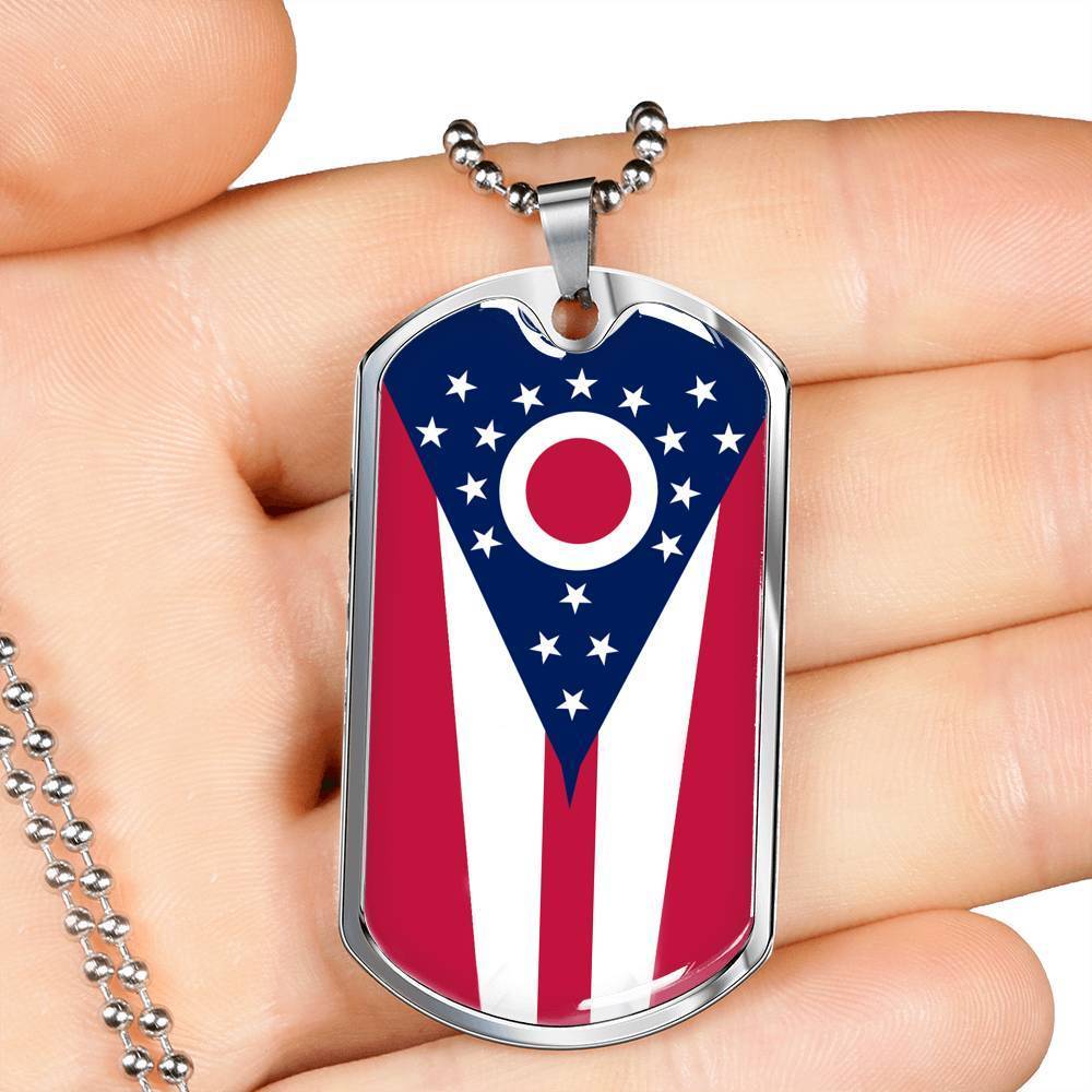 Ohio State Flag Necklace Stainless Steel or 18k Gold Dog Tag 24" Chain - Express Your Love Gifts