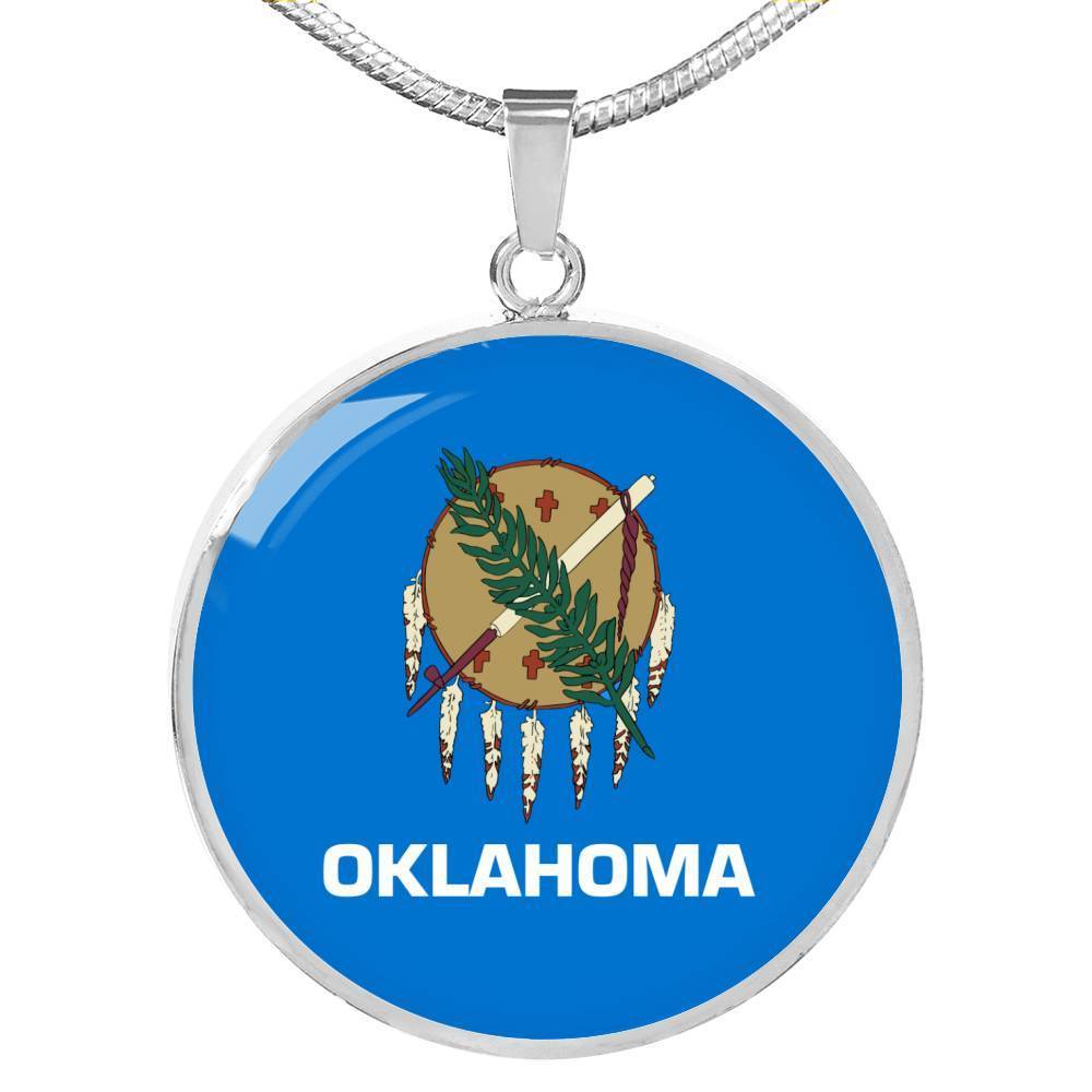 Oklahoma State Flag Necklace Stainless Steel or 18k Gold Circle Pendant 18-22" - Express Your Love Gifts