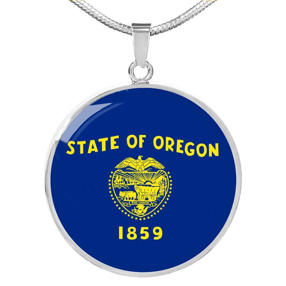 oregon State Flag Necklace Stainless Steel or 18k Gold Circle Pendant 18-22" - Express Your Love Gifts