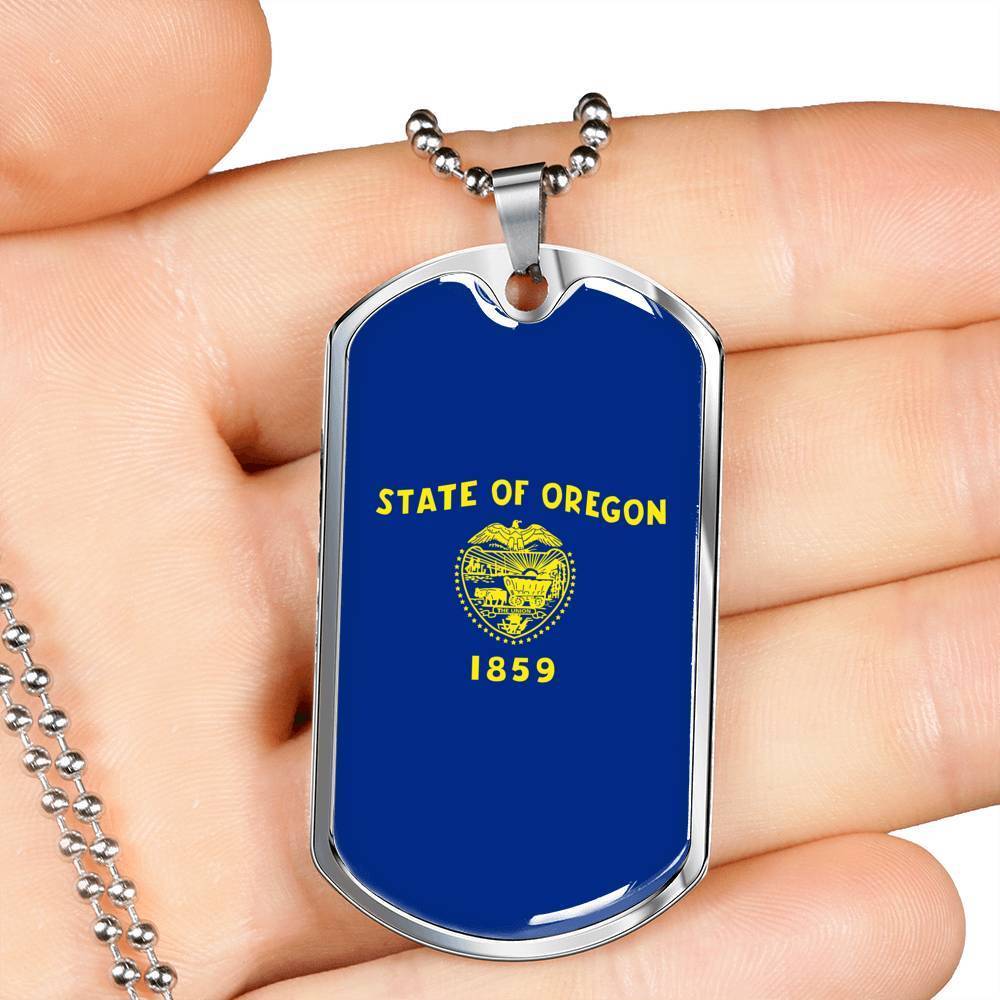 oregon State Flag Necklace Stainless Steel or 18k Gold Dog Tag 24" Chain - Express Your Love Gifts