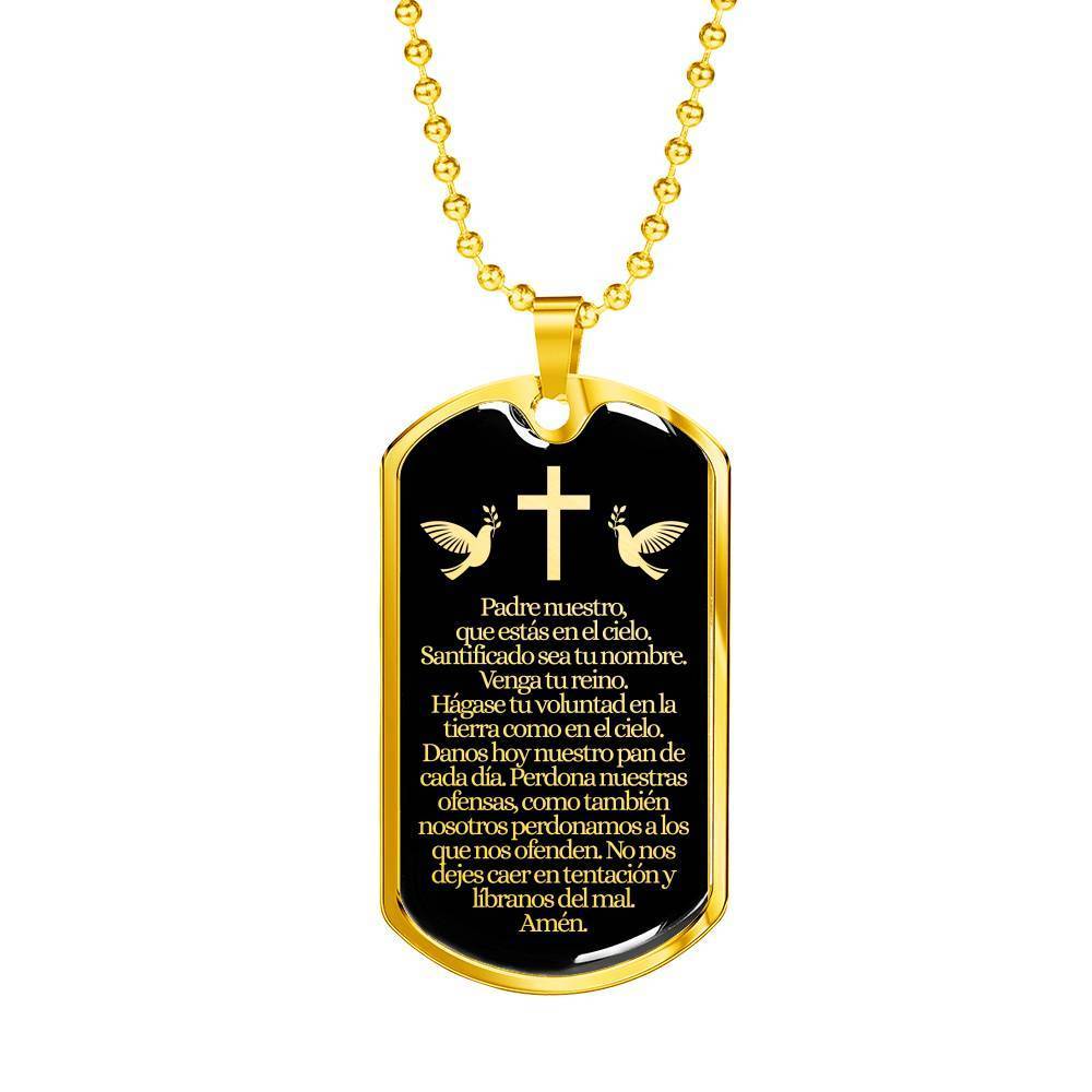 Padre Nuestro Our Father Spanish Stainless Steel 18k Gold Dog Tag 24" Chain-Express Your Love Gifts