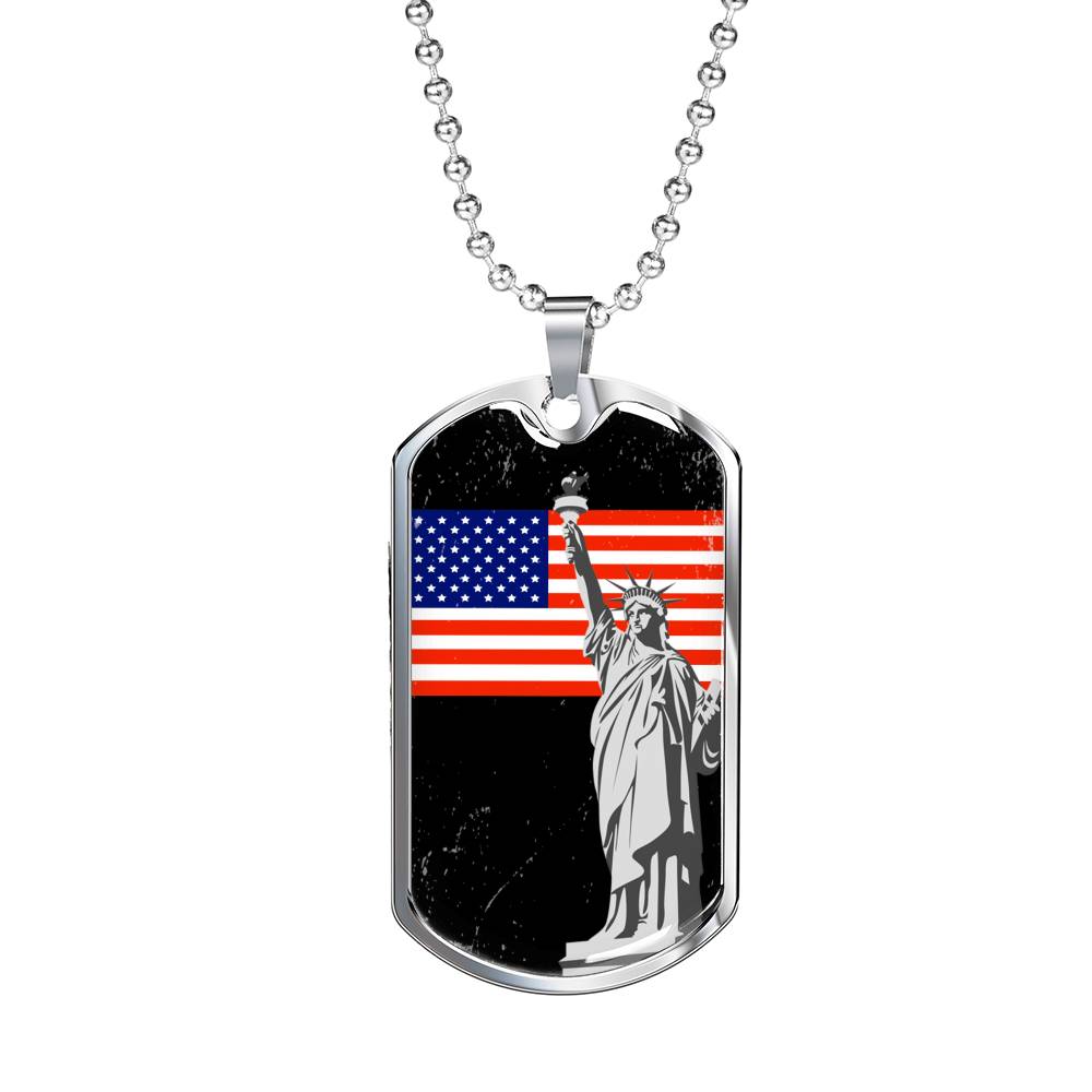 Patriotic Gift US Flag with Statue of Liberty Dog Tag Stainless Steel or 18k Gold 24 - Express Your Love Gifts