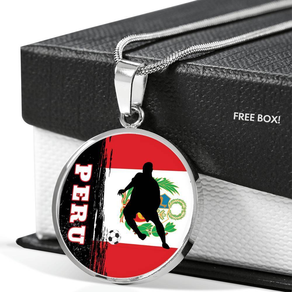 Peru Flag And Futbol/Soccer Circle Necklace Stainless Steel or 18k Gold 18-22" - Express Your Love Gifts