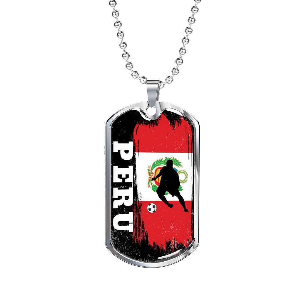 Peru Flag And Futbol/Soccer Necklace Stainless Steel or 18k Gold Dog Tag 24" Chain-Express Your Love Gifts