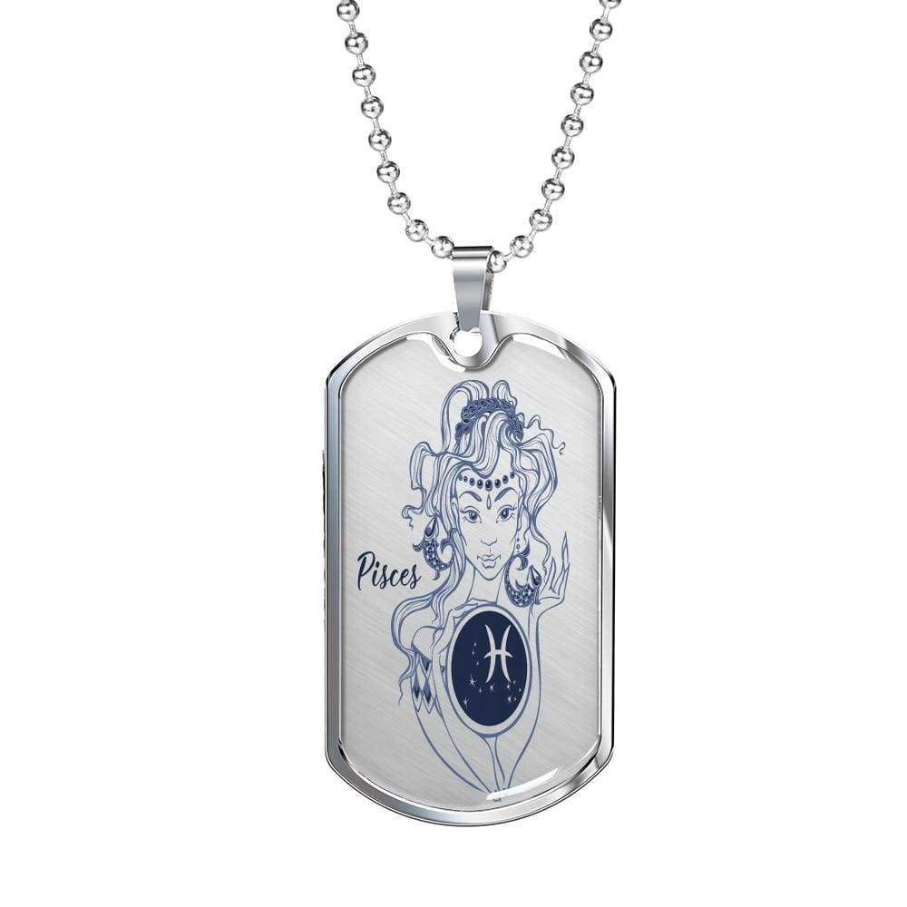 Pisces Constellation Horoscope Zodiac Dog Tag Stainless Steel or 18k Gold 24" Chain - Express Your Love Gifts