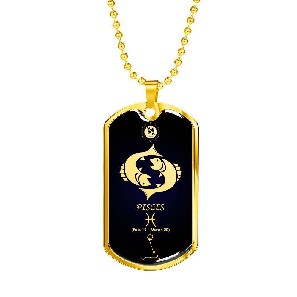 Pisces Constellation Horoscope Zodiac Necklace 18k Gold Stainless Steel Dog Tag 24"-Express Your Love Gifts